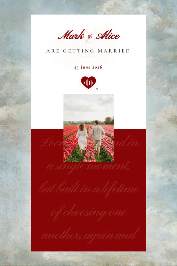 Crimson Vows wedding invitation design with burgundy calligraphy and a couple walking through a tulip field