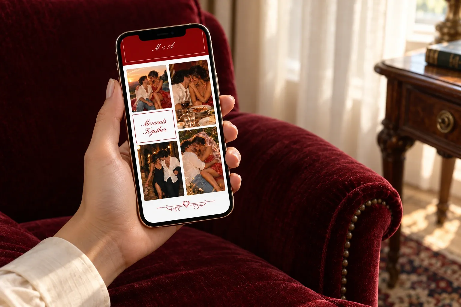 Crimson Vows photo gallery on a handheld phone over a burgundy velvet armchair