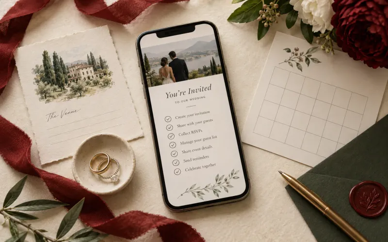Digital wedding invitation displayed beside a venue card, calendar, notebook and wedding rings