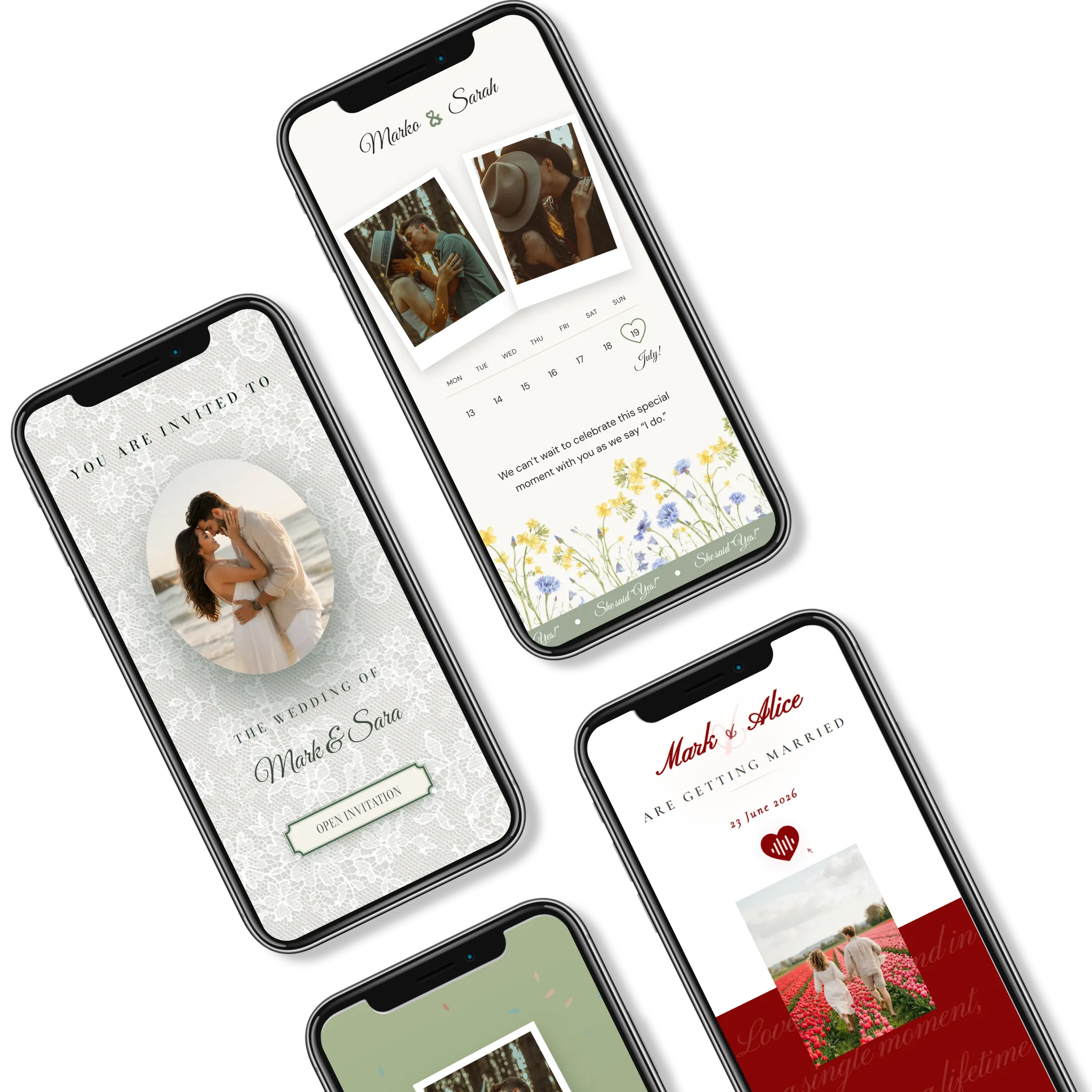 Five digital wedding invitation designs displayed on smartphones