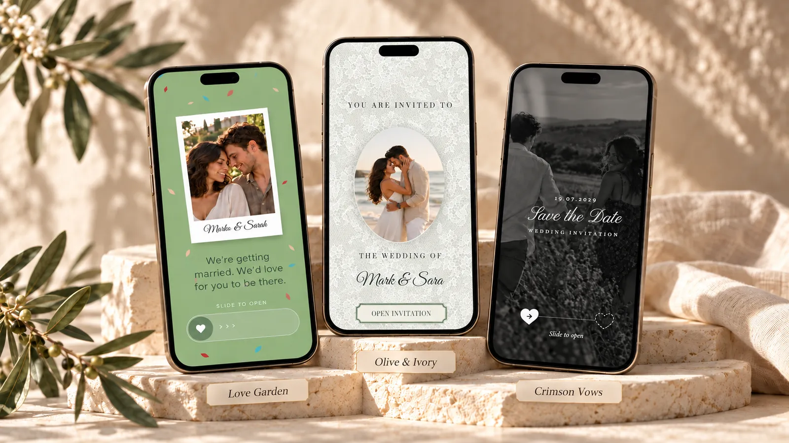 Love Garden, Olive & Ivory and Crimson Vows invitation previews displayed on phones