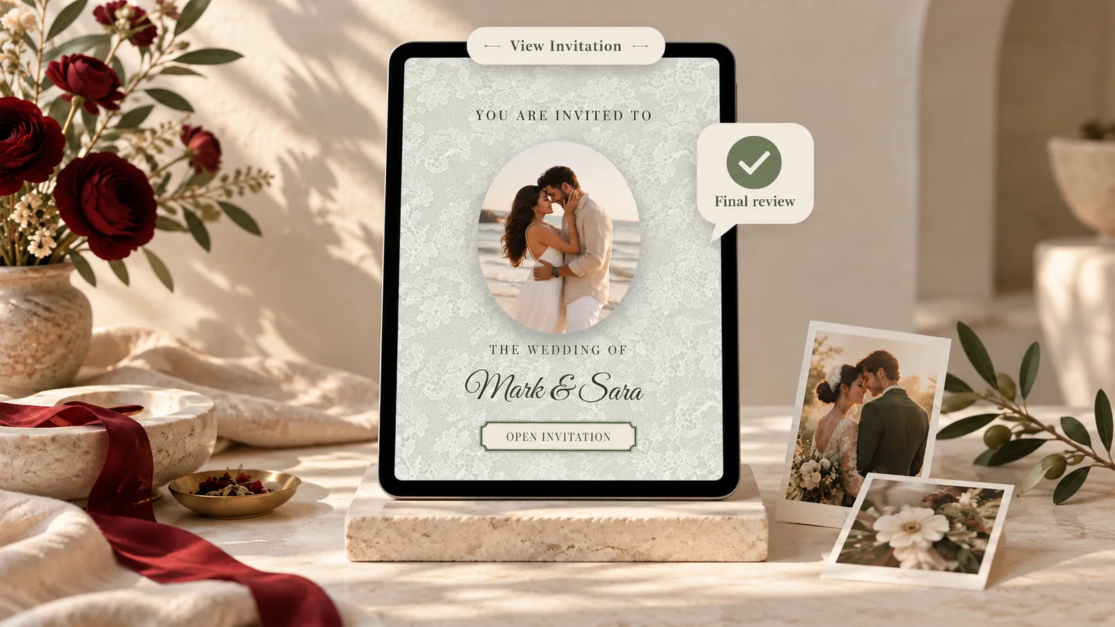 Wedding invitation preview on a tablet with photo selections and a subtle approval symbol