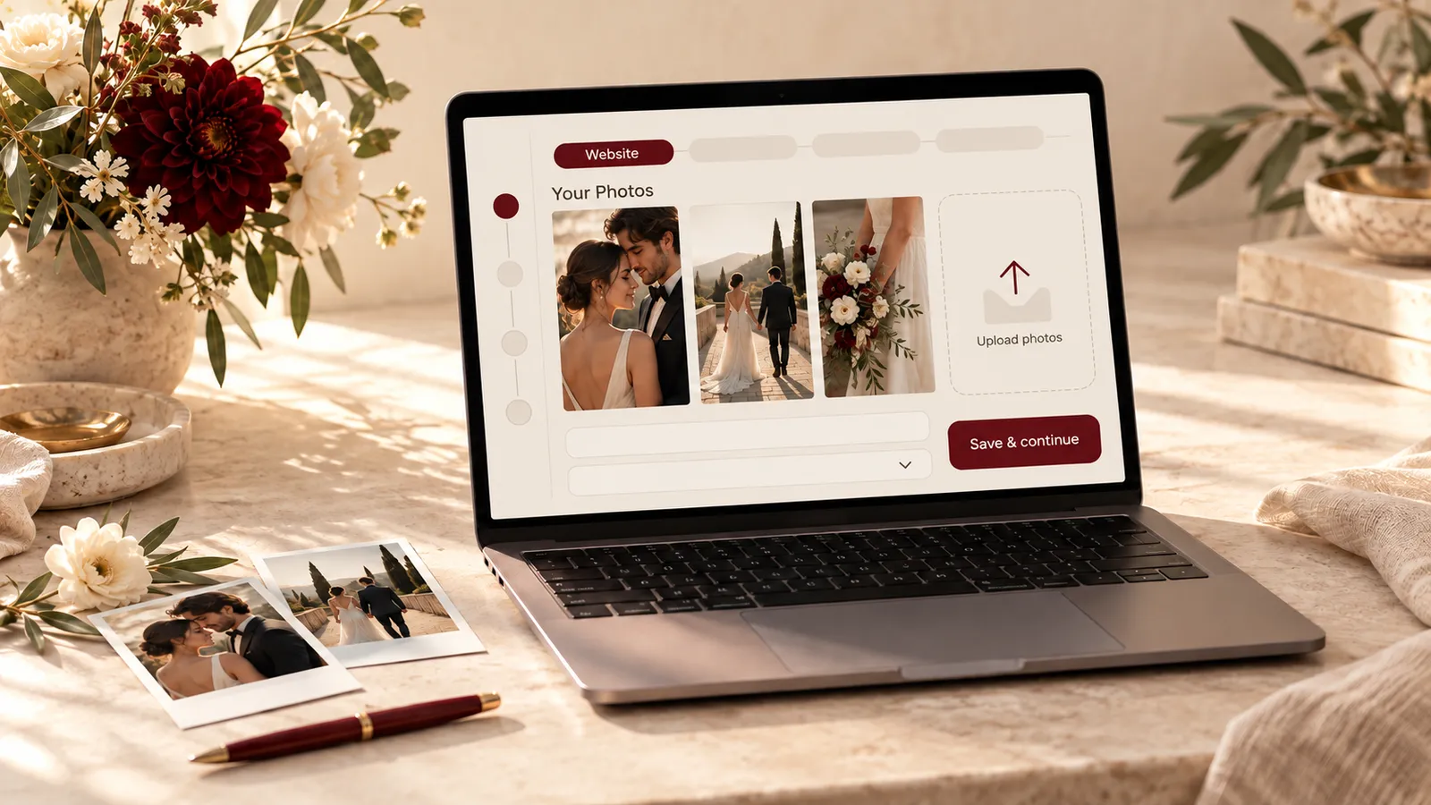 Wedding website builder on a laptop beside couple photos ready to upload