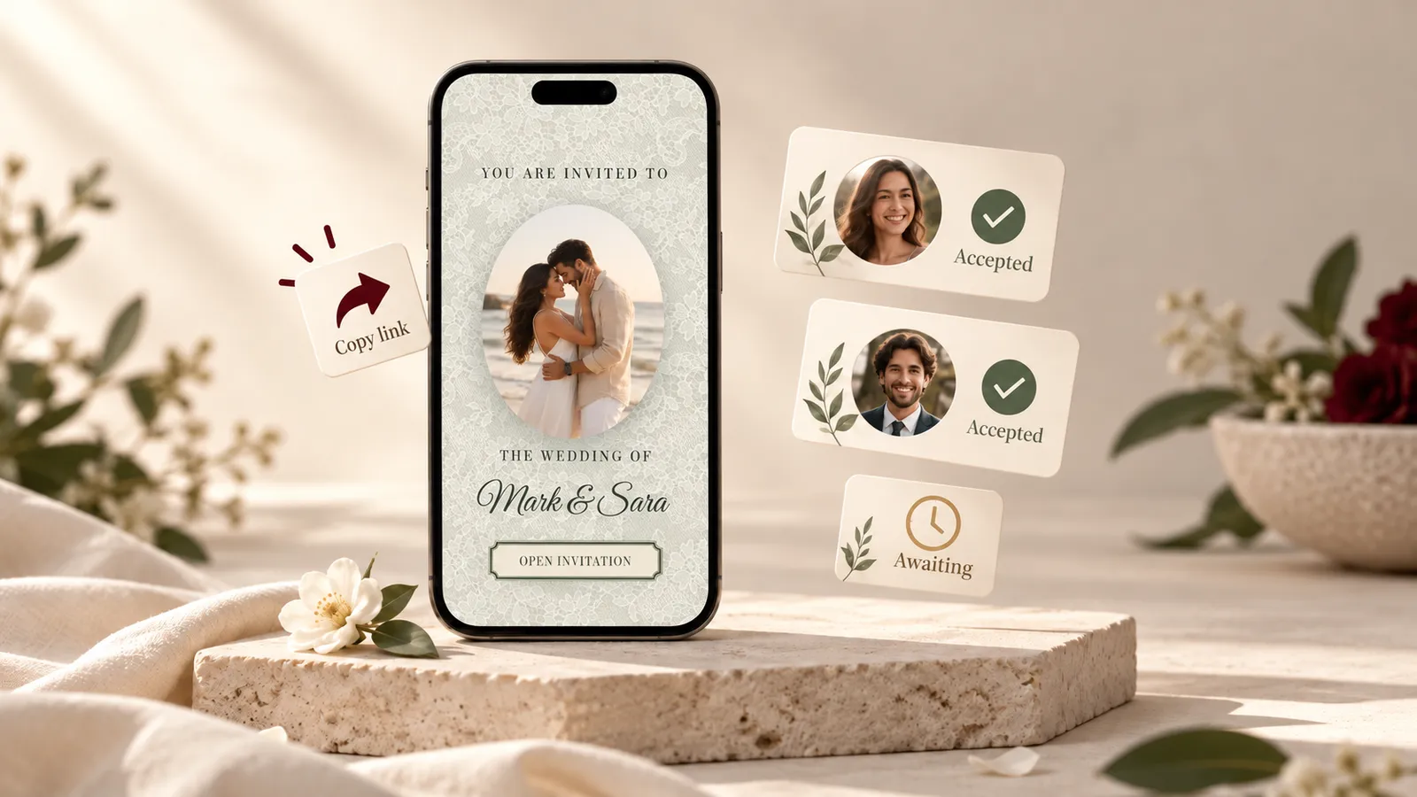 Wedding invitation on a phone with guest reply cards and confirmation symbols