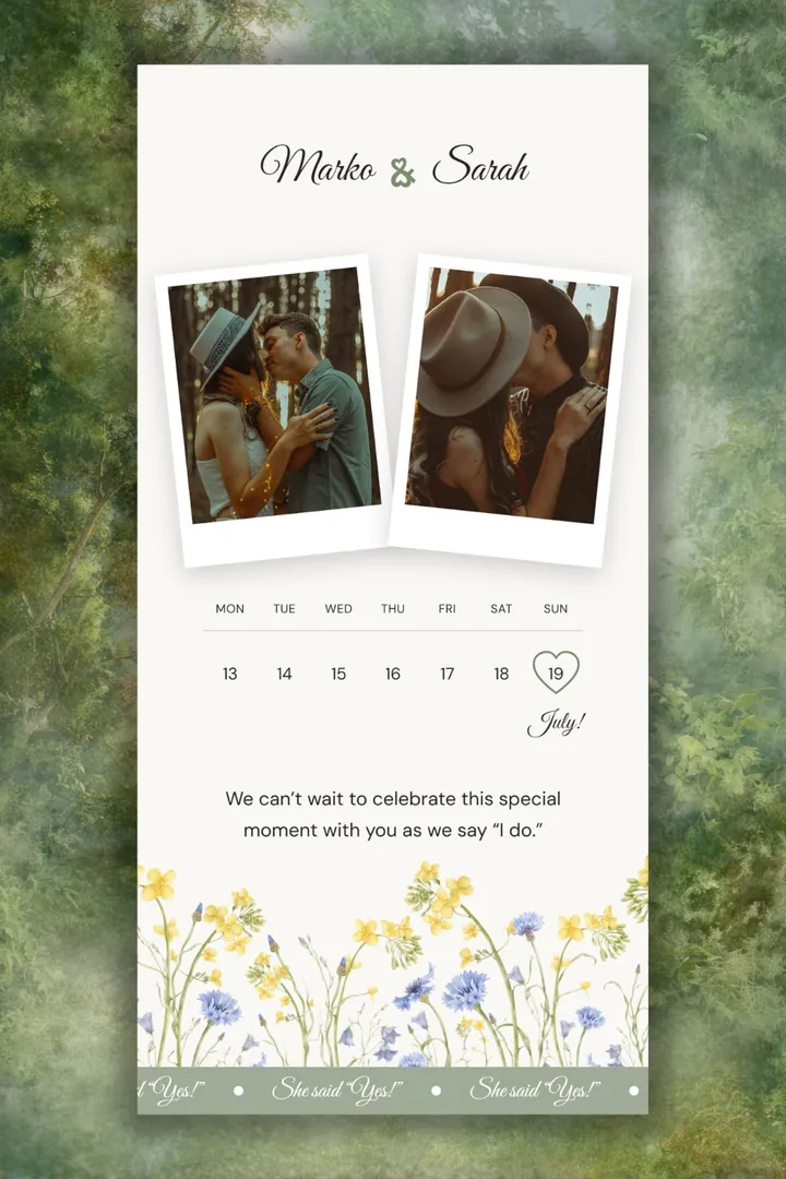 Love Garden wedding invitation design with Polaroid-style couple photos, a July calendar and hand-painted wildflowers
