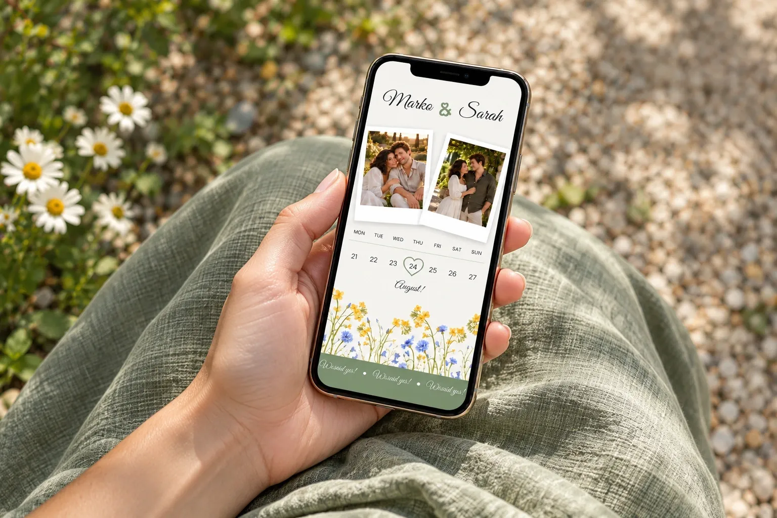 Love Garden photo and calendar screen on a phone held over a sage linen-covered lap