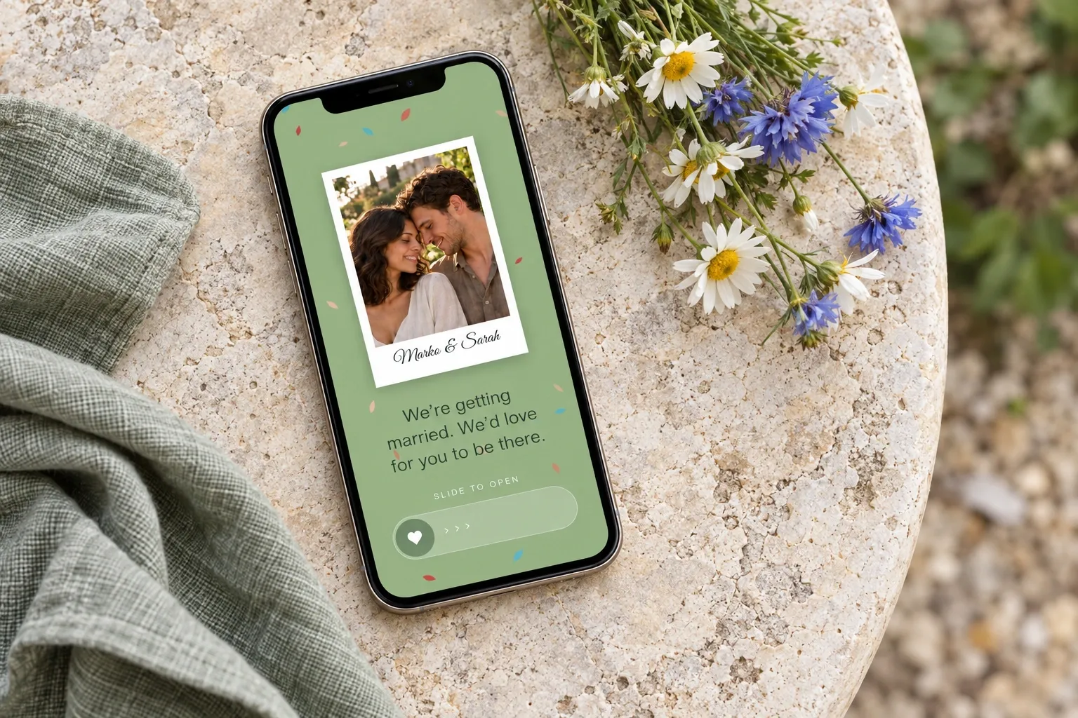 Love Garden opening screen on a phone lying diagonally on limestone beside sage linen and wildflowers