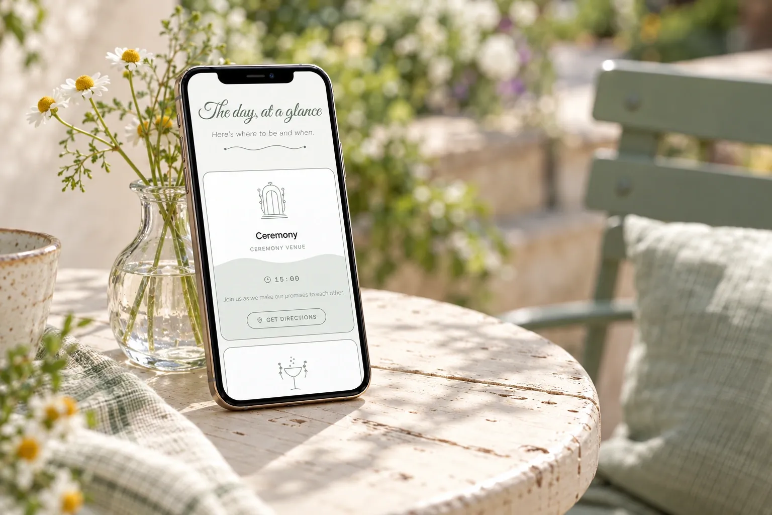 Love Garden wedding-day schedule on a tilted phone beside a chamomile vase on a garden table