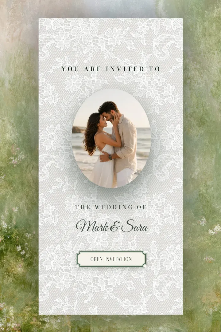 Olive and Ivory wedding invitation with antique gold frames, pressed botanicals and coastal wedding photography