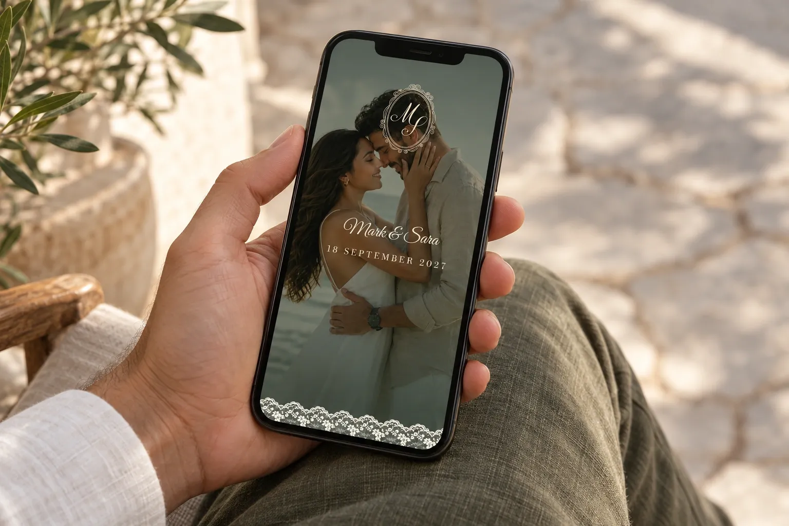 Olive and Ivory coastal couple hero on a handheld phone above olive linen