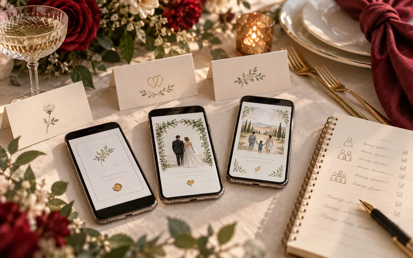 Three digital wedding invitations arranged with place cards and a guest-list notebook